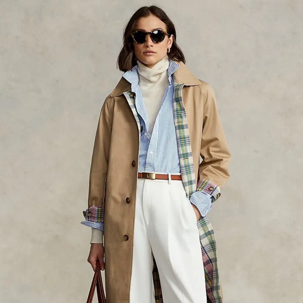 Polo Ralph Lauren Reversible Khaki And Plaid Belted Trench Coat - Size M